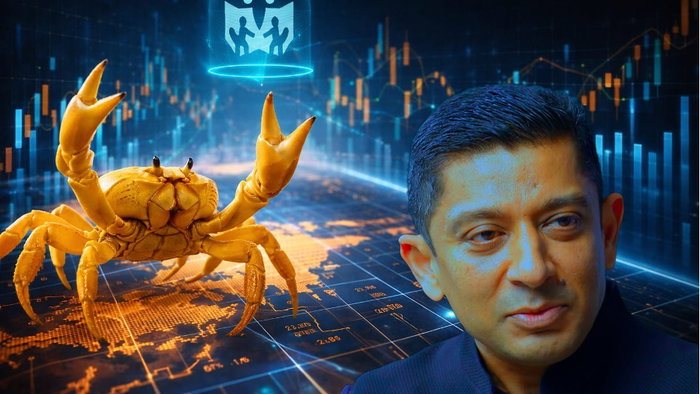 AI picture of a man in the front with a crab behind on a background with a graph chart