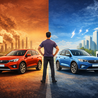 AI generated image of a man stood in the middle of split screen with a fuel ran car & electric vehicle