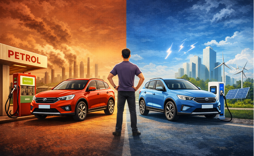 AI generated image of a man stood in the middle of split screen with a fuel ran car & electric vehicle