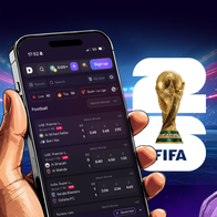 Animated hand holding a mobile phone with football fixtures on the screent