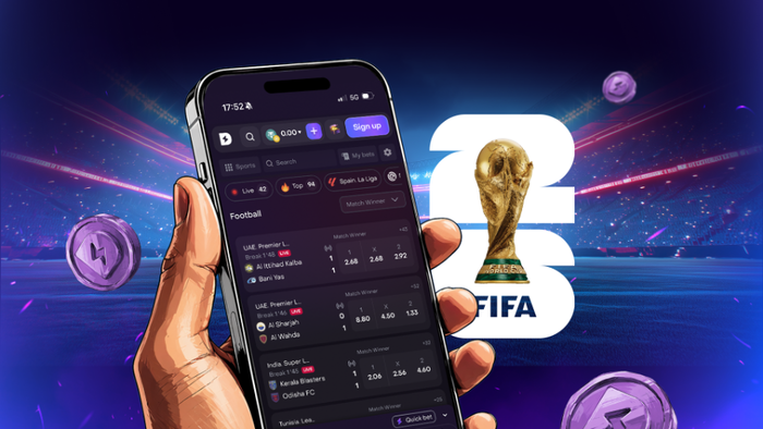 Animated hand holding a mobile phone with football fixtures on the screent