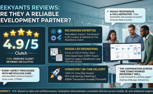 3 working colleagues looking at GeekyAnts Reviews