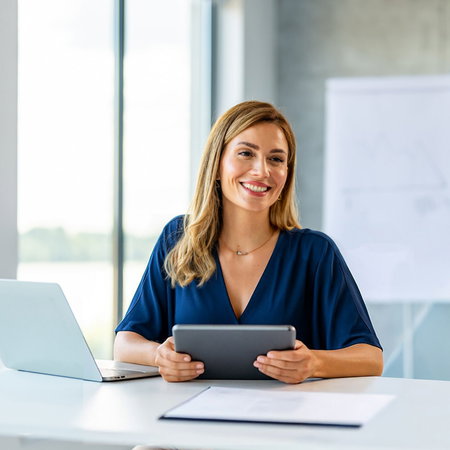 Woman sitting at a desk.