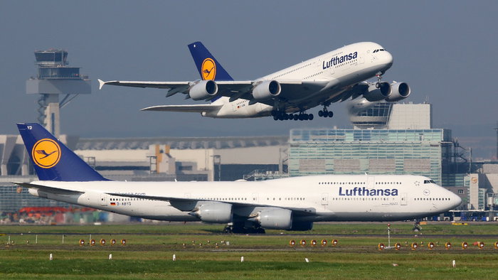 Lufthansa aircraft at an airport as the airline cuts thousands of flights across Europe