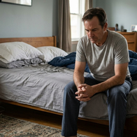 Man sat on the edge of a bed with worried sad look on face