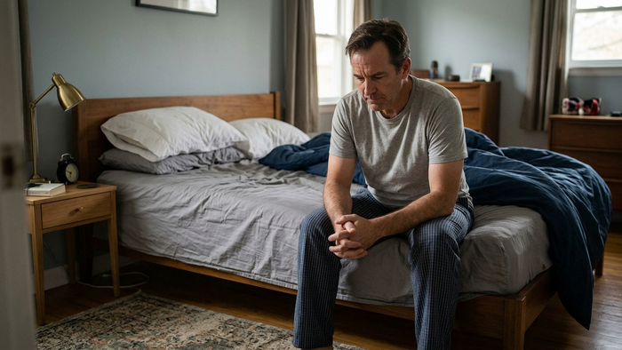 Man sat on the edge of a bed with worried sad look on face