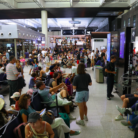 Passengers stranded at an airport after flights are cancelled