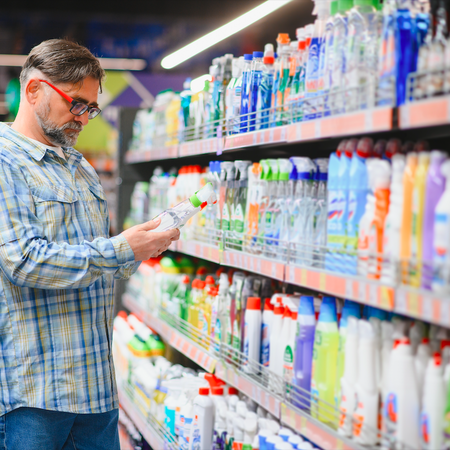 Man in a supermarket looking at cleaning products