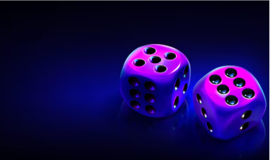 3d view of 2 dice in a purple background