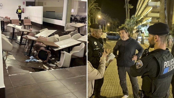 Collapsed floor and police at the scene.