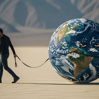 Illustration of a man pulling a tired Earth across a dry landscape, symbolising the planet’s future habitability crisis