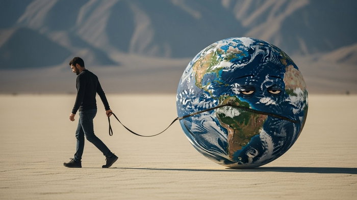 Illustration of a man pulling a tired Earth across a dry landscape, symbolising the planet’s future habitability crisis