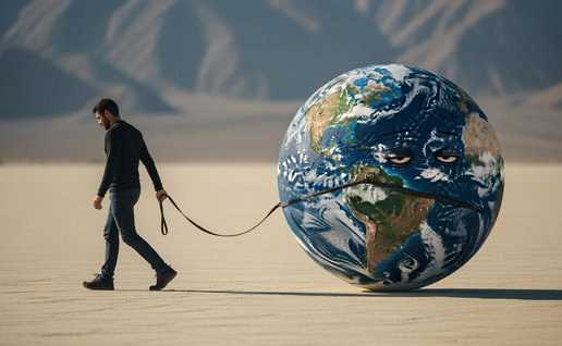Illustration of a man pulling a tired Earth across a dry landscape, symbolising the planet’s future habitability crisis