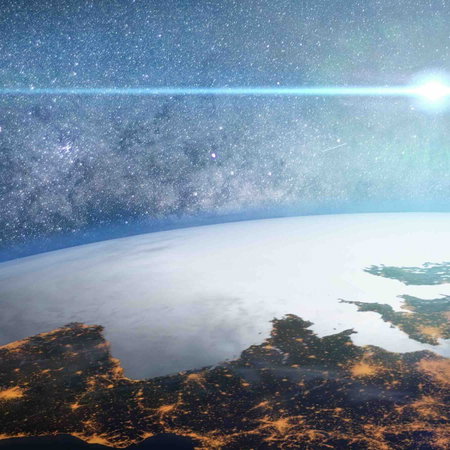 View of Earth from space showing Europe and the Iberian Peninsula under a bright sun