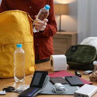 Person preparing an emergency kit with water, documents, power bank and supplies at home in Belgium