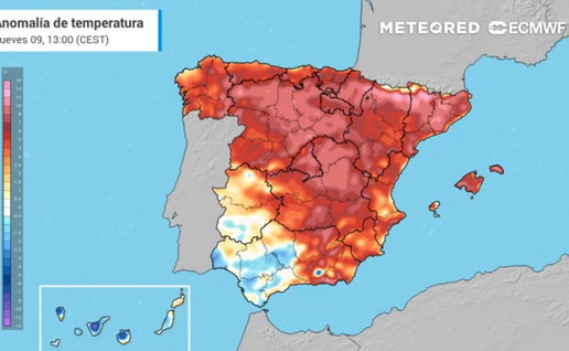 Temperature anomaly map showing sharp heat increase across Spain