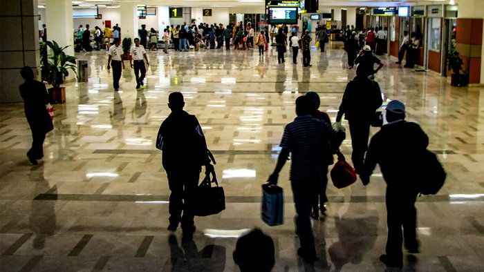 Queues at an airport.