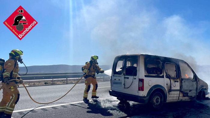 Firefighters tackling van fire on A-33 motorway near Villena after vehicle caught fire