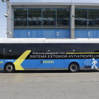 EMT Madrid bus equipped with anti-runover system detecting pedestrians in urban traffic