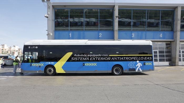 EMT Madrid bus equipped with anti-runover system detecting pedestrians in urban traffic