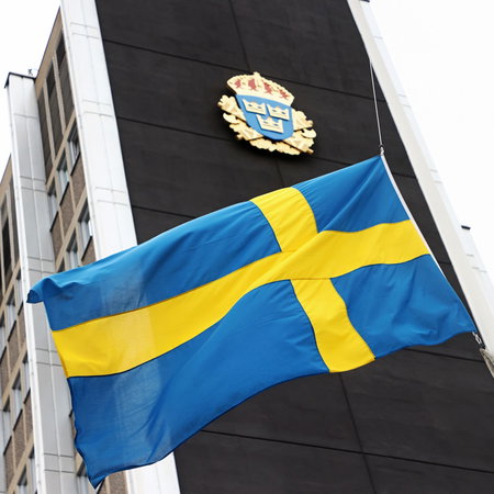 Swedish police station with Swedish flag