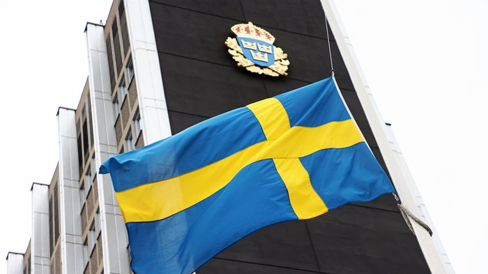 Swedish police station with Swedish flag