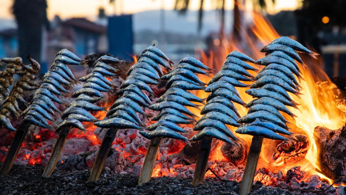 "Espetos" flame-grilled sardines in La Cala this weekend.