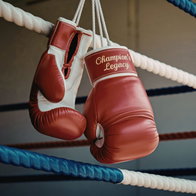 A pair of red and white boxing gloves hang from the ropes of a boxing ring. One glove features the embroidered text 'Champion's Legacy'.