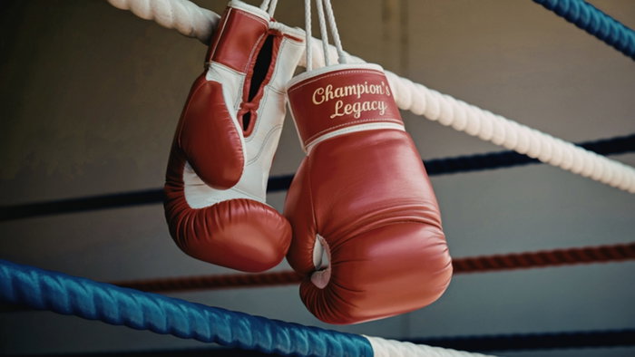 A pair of red and white boxing gloves hang from the ropes of a boxing ring. One glove features the embroidered text 'Champion's Legacy'.