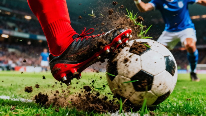 A low-angle action shot capturing the moment a red-socked foot connects with a dirty soccer ball, kicking up dirt and grass during intense game play.