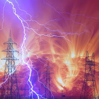Illustration of a powerful solar storm striking Earth with lightning over electricity pylons and power grid infrastructure
