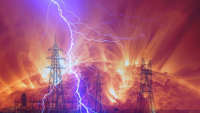 Illustration of a powerful solar storm striking Earth with lightning over electricity pylons and power grid infrastructure