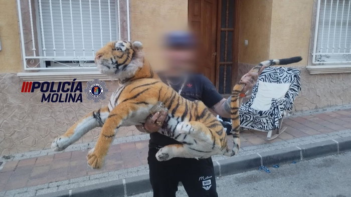 A man currying a tiger plush toy