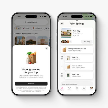Screens showing Airbnb’s new travel features including grocery delivery directly to holiday accommodation through the app.