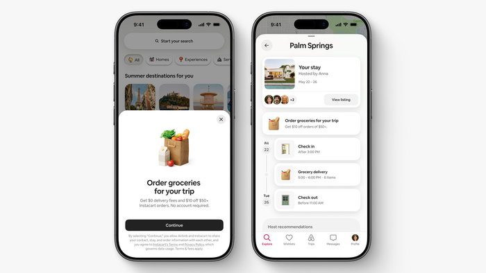 Screens showing Airbnb’s new travel features including grocery delivery directly to holiday accommodation through the app.
