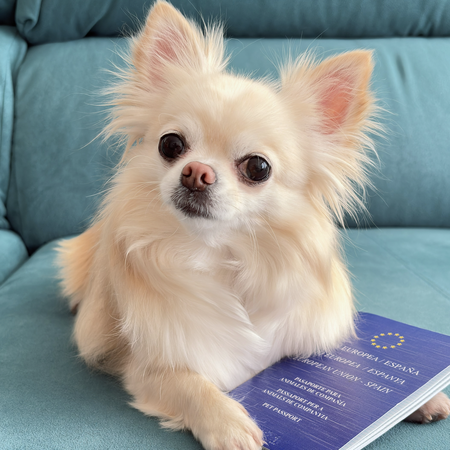 Cute dog chihuahua with European veterinary pet passport.