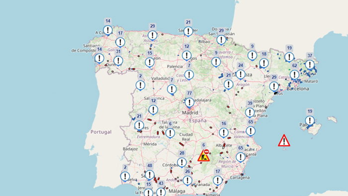 DGT live traffic map showing road restrictions, incidents and alerts across Spain.