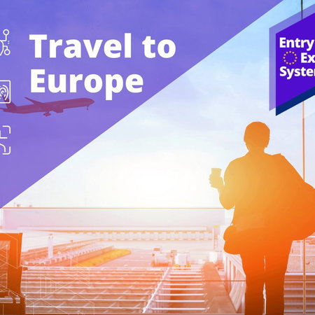 Promotional image for the EU Entry Exit System showing a traveller at an airport terminal before travelling to Europe.