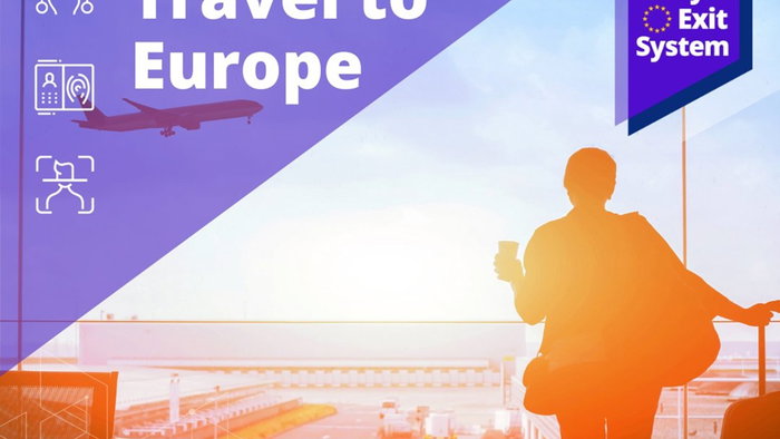 Promotional image for the EU Entry Exit System showing a traveller at an airport terminal before travelling to Europe.