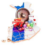 3d concept of Casino items roulette wheel, slot, chips, cards on a Finnish flag