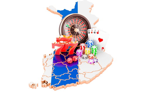 3d concept of Casino items roulette wheel, slot, chips, cards on a Finnish flag