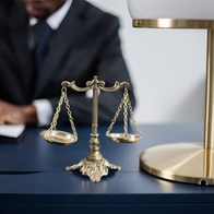 Lawyer sat at desk in background with brass balance scales and lamp on desl