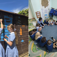 Students engaging in mural painting and collaborative circle time activities, illustrating a dynamic and supportive educational environment.