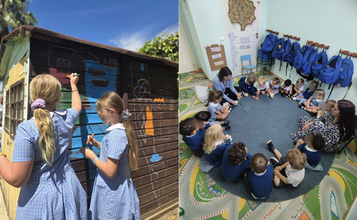 Students engaging in mural painting and collaborative circle time activities, illustrating a dynamic and supportive educational environment.