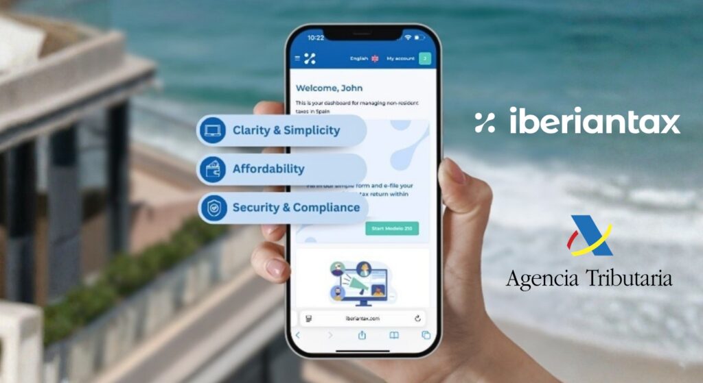 Hand holding a mobile phone with details of Iberian Tax against a faded background of the sea