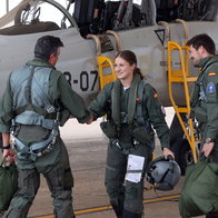 Princess Leonor of Spain next to a fighter jet