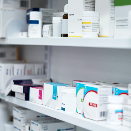 Antibiotics packed on a shelf in a pharmacy