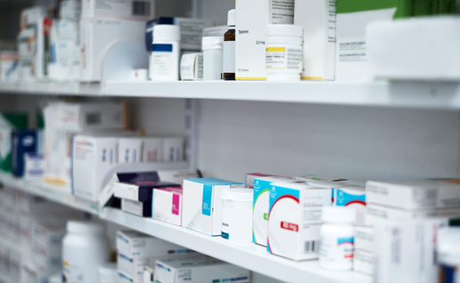 Antibiotics packed on a shelf in a pharmacy