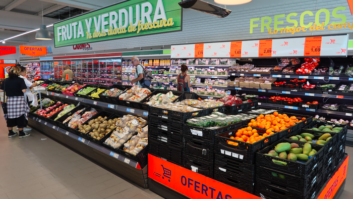A fruit and vegetable section in a supermarket in Spain
