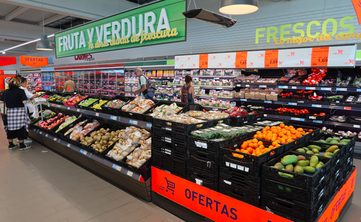 A fruit and vegetable section in a supermarket in Spain
